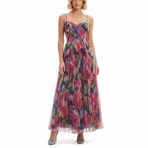 Hutch Multicolor Floral Tulle Pleated Maxi Dress (Pink, Blue, Green, Purple)
